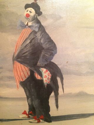 THE CLOWN WITH A DOG AND A ROOSTER SIGNED MIDCENTURY ORIGNAL OIL CANVAS ON BOARD 3