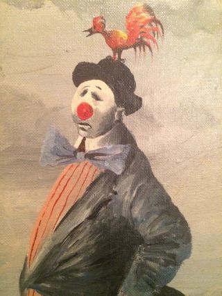 THE CLOWN WITH A DOG AND A ROOSTER SIGNED MIDCENTURY ORIGNAL OIL CANVAS ON BOARD 4