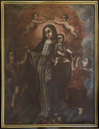 43x32” Late 17th Century Spanish Colonial Madonna Oil On Canvas Painting
