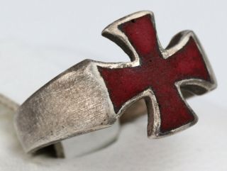 German Ring Iron Cross Red Enamel Sterling Silver 925 Germany Award Military Arm