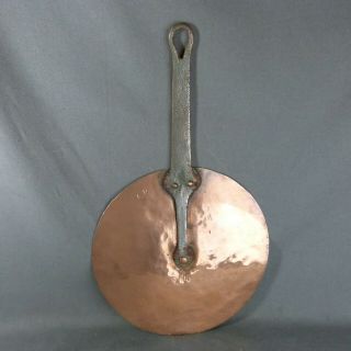 French Antique Copper Sauce Pan Lid Tinned Cast Iron Handle Riveted Ø 9 "