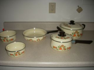 3 Vintage Enamelware Pots Stove Top Merry Mushroom Pans And 2 Bowls 4250