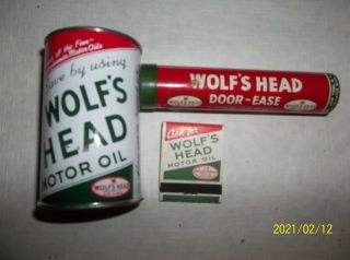 Vintage Metal Wolfs Head Oil Can Bank - Door Ease & Matchbook - Oil City,  Pa.