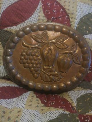 Antique Copper Mold Tin Lined Fruit,  Grapes,  Lanterns,  And Leaves.  Oval 13 - 1/2 "