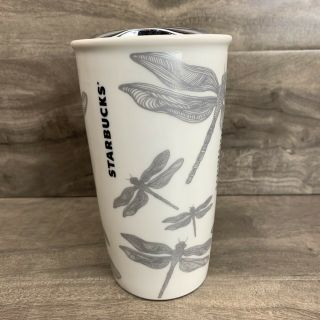 Starbucks 2014 Dragonfly Lotus Flower 12 Oz Ceramic Travel Mug Tumbler With Lid