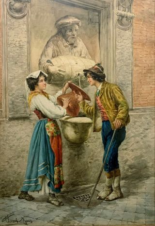 Carlo Ferranti 19th C.  Italian Genre Scene Watercolor Boy & Girl By The Fountain