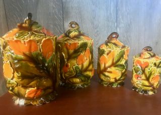 Vtg Mid Century Ceramic Fall Leaf Colors Pattern Jars Holiday Storage Cookie Nos