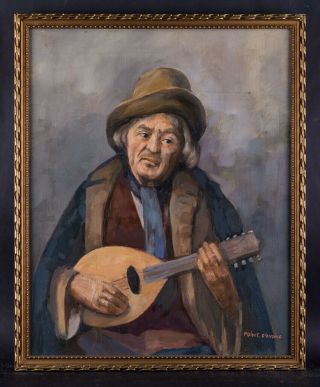 Early 20th Century Realist Portrait Oil Painting " Man With Mandolin " Signed