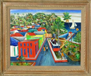 Listed Pauleus Vital Modernist Haiti Town View Large Older Oil Painting No Res.