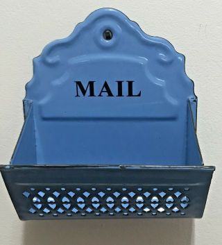Old Enamel Wall Container Mail Blue Wall Decor - Multi Use Box Mail Plants Others