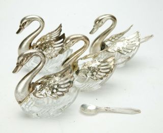 Interesting 4 Silver Plated Swans With Small Glass Salt Cellar & Spoons.  Italy.