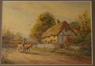 Watercolor - 19th c.  British Cottage scene - Signed J.  BRILL 2