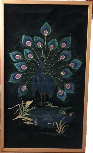Vintage 60s Black Velvet Peacock Oil Painting Mid Century Hollywood Regency Teak