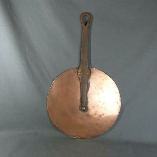 French Antique Copper Sauce Pan Lid Tinned Cast Iron Handle Riveted Ø 10.  1/4 "