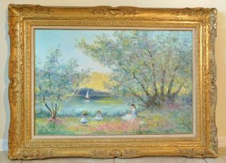 Vintage 46x34 " Signed Impressionist Oil Painting Canvas Gold Wood Frame