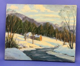 George Holloway Oil On Canvas White Mountains Winter Barn Scene 16x20 Unframed