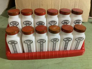 Vintage Griffith 1950 S Set Of 12 White Milk Glass Spice Jars,  Rack