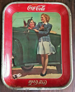 Vintage Coca Cola Tray 1942 2 Girls 1 Car Convertible Advertising