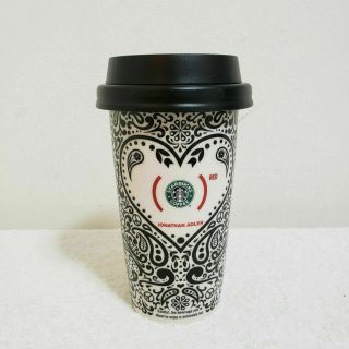 Starbucks Ceramic Travel Coffee Mug Cup With Lid Jonathan Adler Heart B&w 2010