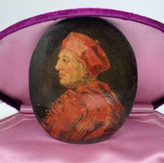 Cardinal Wolsey 16th 17th Century Portrait Miniature Painting Oil On Copper