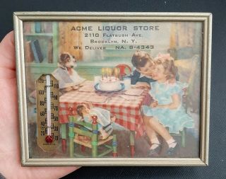 Vintage Framed Acme Liquor Store Advertisement Thermometer Children & Dog