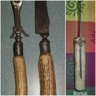 Antler Handle Meat Carving Set W/decorative Steer/deer Details,  Bonus Knife