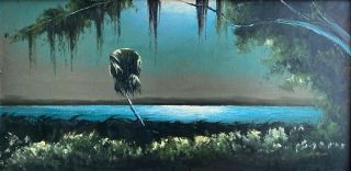 James Gibson,  Oil On Upson Board,  24” X 48”,  Ca.  1965,  Moonlit Palm,  Highwaymen