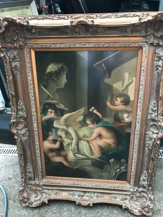 Old 19th Century Oil On Canvas Painting With Very Ornate Gold Frame