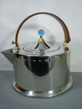 Mcm Bodum C.  Jorgensen Stainless Steel Tea Pot Wood Handle Blue Pull 64oz