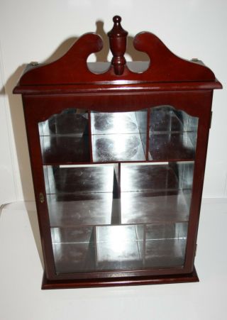 Cherry Wood Mirrored Curio Cabinet Glass Door Wall Mount Or Tabletop