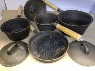 7 Pc Set Cast Iron Wood Handle Pots Pans Skillet Lids For Stove Top Or Camping