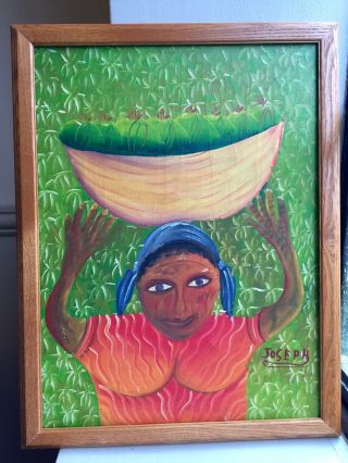 Oil/acrylic (?) Caribbean Folk Art Painting Of A Woman And Fruit Signed Joseph