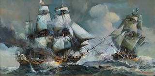 Herman Conrad Framed Oil Painting On Canvas,  Sailing Ships At Battle
