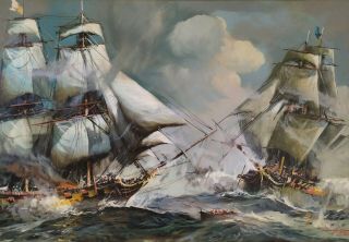 Herman CONRAD Framed Oil Painting on Canvas,  Sailing Ships at Battle 4