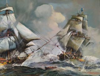 Herman CONRAD Framed Oil Painting on Canvas,  Sailing Ships at Battle 5