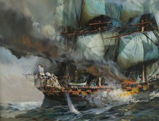 Herman CONRAD Framed Oil Painting on Canvas,  Sailing Ships at Battle 6