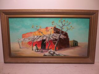 15x30 Oil Painting On Board By Muckleroy Of " Nm.  Adobi & Native Indian "
