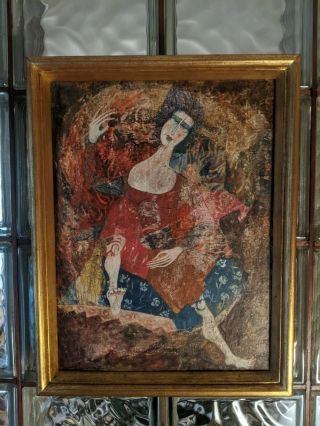 1960 Luciano Spazzali Abstract Mid Century Mixed Media Painting Woman Portrait