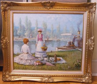 S.  Parnel Oil Painting On Canvas Signed Impressionist Landscape Picnic Boat 25.  5
