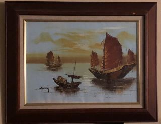 Mid Century Chinese Junk Boat Oil Painting Matted & Framed Signed Chung