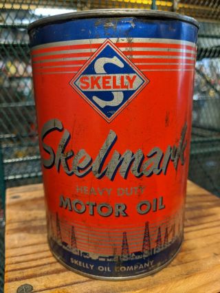 Vintage Rare Skelly Skelmark Heavy Duty Motor Oil 1 Quart All Metal Can