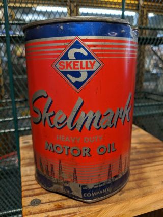 Vintage RARE Skelly Skelmark Heavy Duty Motor Oil 1 Quart All Metal Can 3