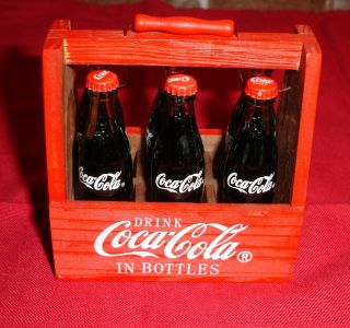 6 Vintage Coca Cola Coke Miniature 3 " Glass Bottles In Red Wooden Crate
