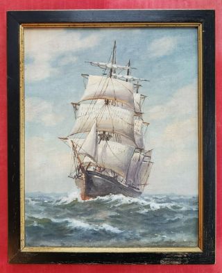T.  Bailey Signed Framed Oil Painting Ship On High Seas In Full Sail