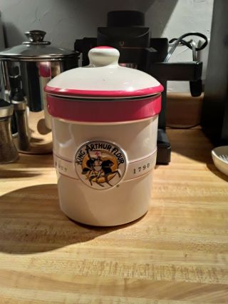 Vintage King Arthur Flour Canister W/ Lid 7 3/4 " With Recipe Sheet.