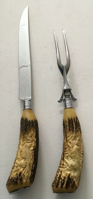 Boker (carved Hunting Dogs) Stag Horn Handle Craving Knife And Fork Set.