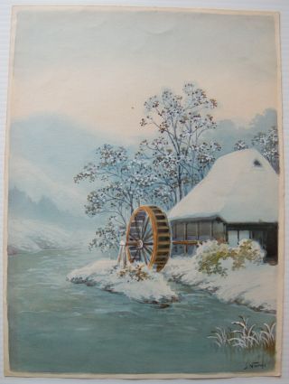 Japanese Vintage 1920 ' s Watercolor by Sei Niimi - Winter Scene Near Hakone 3