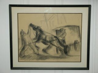 Canadian Artist Henri Masson Charcoal Sketch Man & Horse Drawn Carriage