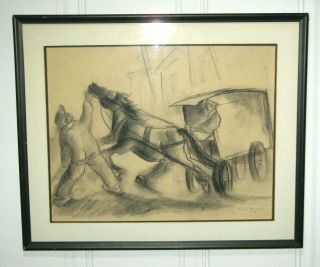 Canadian Artist Henri Masson Charcoal Sketch Man & Horse Drawn Carriage 2