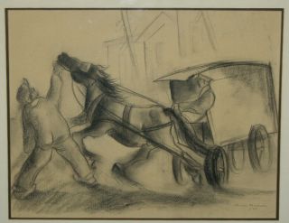 Canadian Artist Henri Masson Charcoal Sketch Man & Horse Drawn Carriage 4